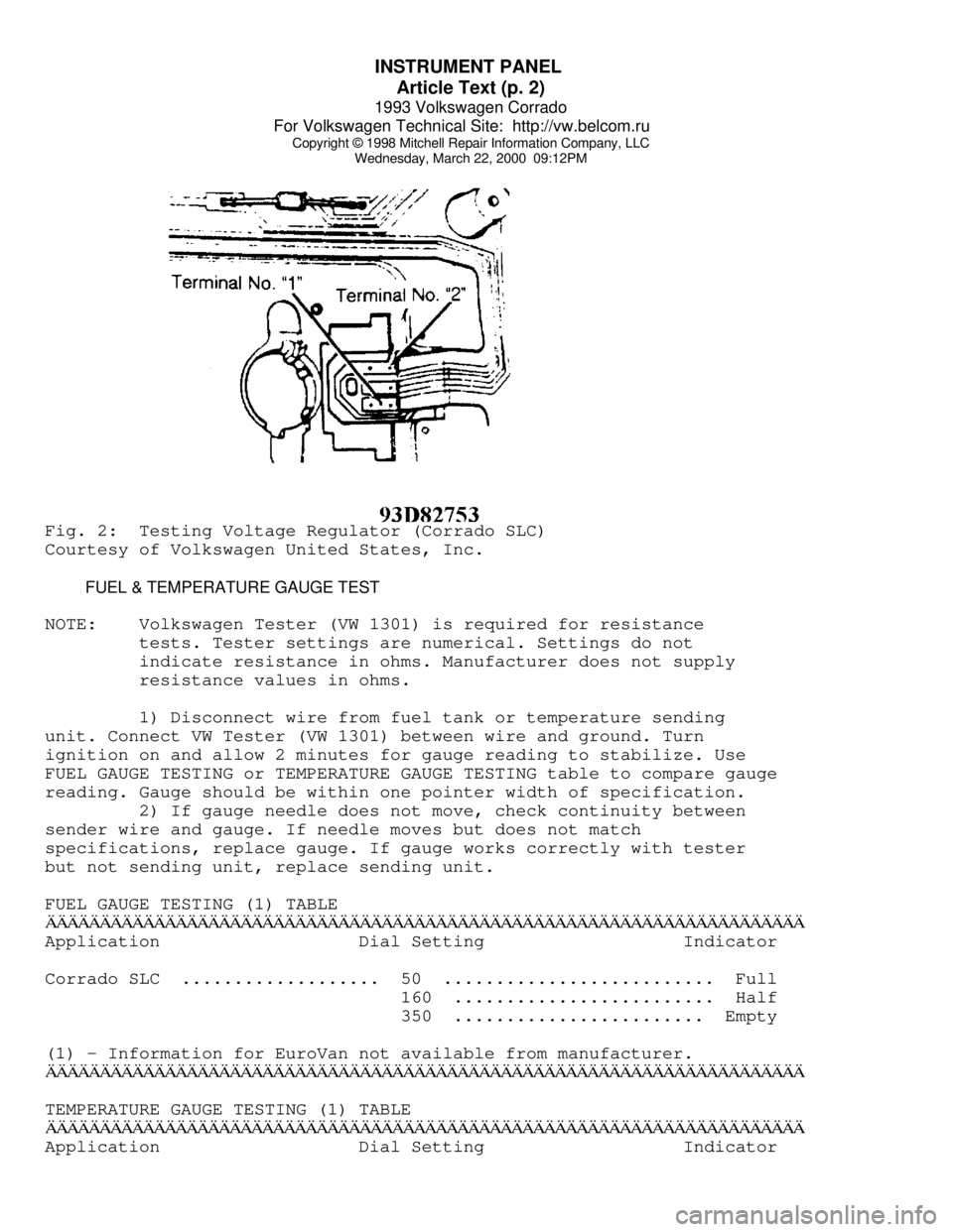 VOLKSWAGEN CORRADO 1993  Repair Manual INSTRUMENT PANEL 
Article Text (p. 2)
1993 Volkswagen Corrado
For Volkswagen Technical Site:  http://vw.belcom.ru    
Copyright © 1998 Mitchell Repair Information Company, LLC
Wednesday, March 22, 20
