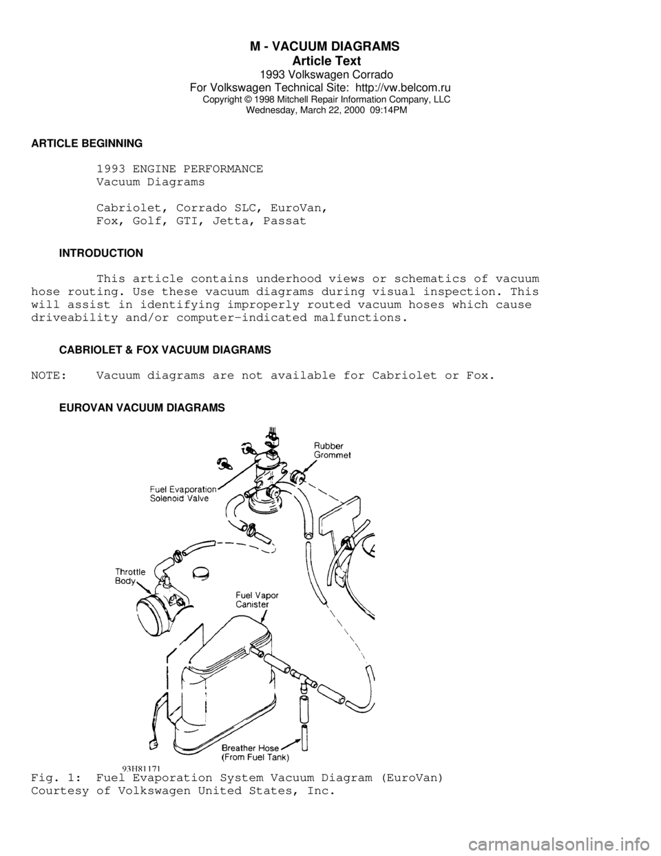 VOLKSWAGEN CORRADO 1993  Repair Manual M - VACUUM DIAGRAMS 
Article Text
1993 Volkswagen Corrado
For Volkswagen Technical Site:  http://vw.belcom.ru    
Copyright © 1998 Mitchell Repair Information Company, LLC
Wednesday, March 22, 2000  