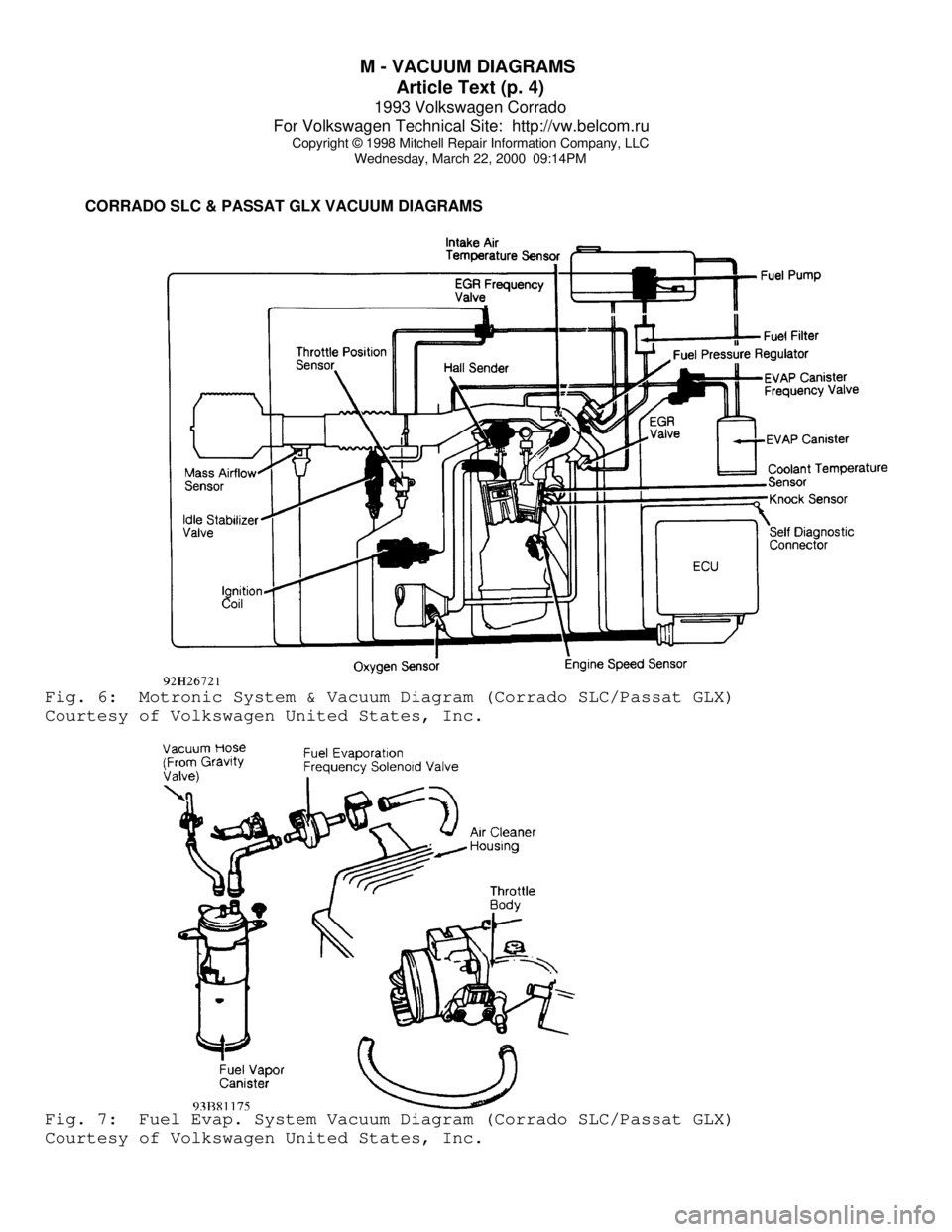 VOLKSWAGEN CORRADO 1993  Repair Manual M - VACUUM DIAGRAMS 
Article Text (p. 4)
1993 Volkswagen Corrado
For Volkswagen Technical Site:  http://vw.belcom.ru    
Copyright © 1998 Mitchell Repair Information Company, LLC
Wednesday, March 22,