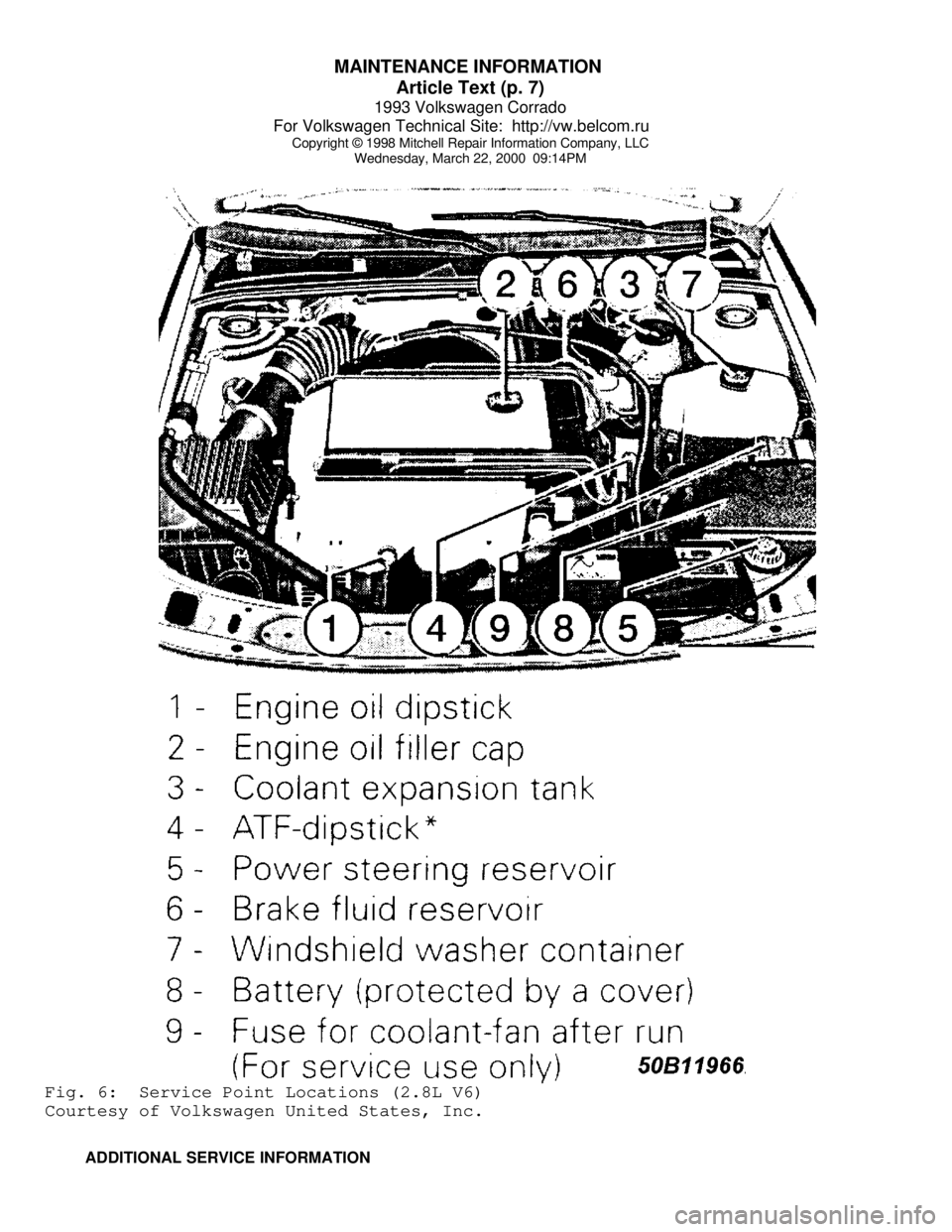 VOLKSWAGEN CORRADO 1993  Repair Manual MAINTENANCE INFORMATION 
Article Text (p. 7)
1993 Volkswagen Corrado
For Volkswagen Technical Site:  http://vw.belcom.ru    
Copyright © 1998 Mitchell Repair Information Company, LLC
Wednesday, March