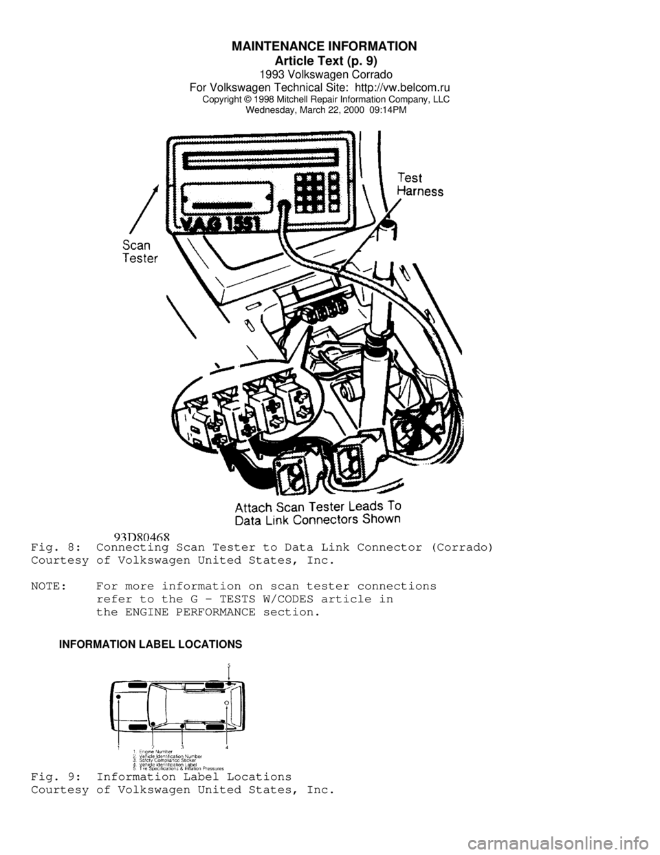 VOLKSWAGEN CORRADO 1993  Repair Manual MAINTENANCE INFORMATION 
Article Text (p. 9)
1993 Volkswagen Corrado
For Volkswagen Technical Site:  http://vw.belcom.ru    
Copyright © 1998 Mitchell Repair Information Company, LLC
Wednesday, March