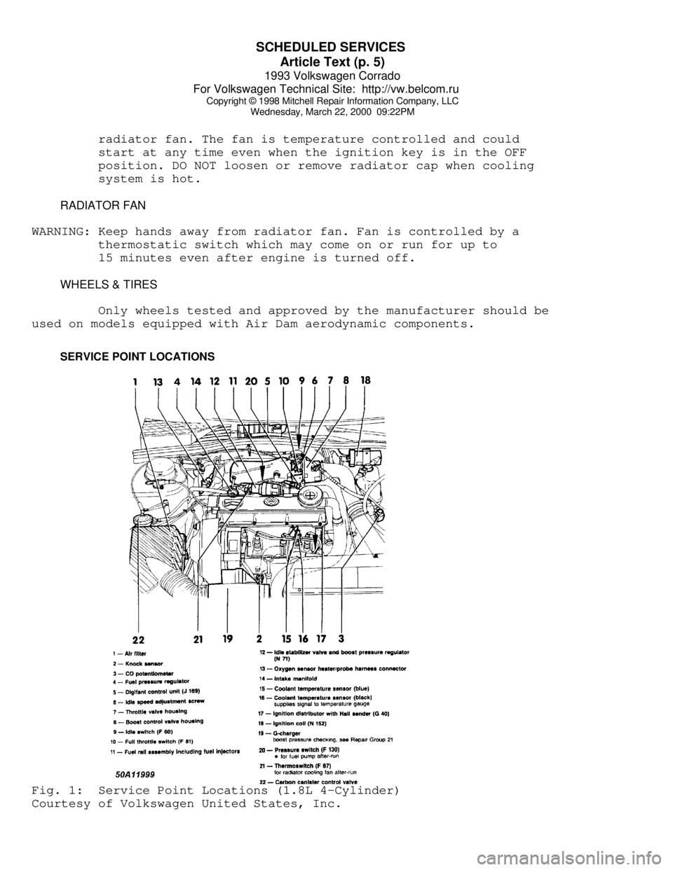 VOLKSWAGEN CORRADO 1993  Repair Manual SCHEDULED SERVICES 
Article Text (p. 5)
1993 Volkswagen Corrado
For Volkswagen Technical Site:  http://vw.belcom.ru    
Copyright © 1998 Mitchell Repair Information Company, LLC
Wednesday, March 22, 