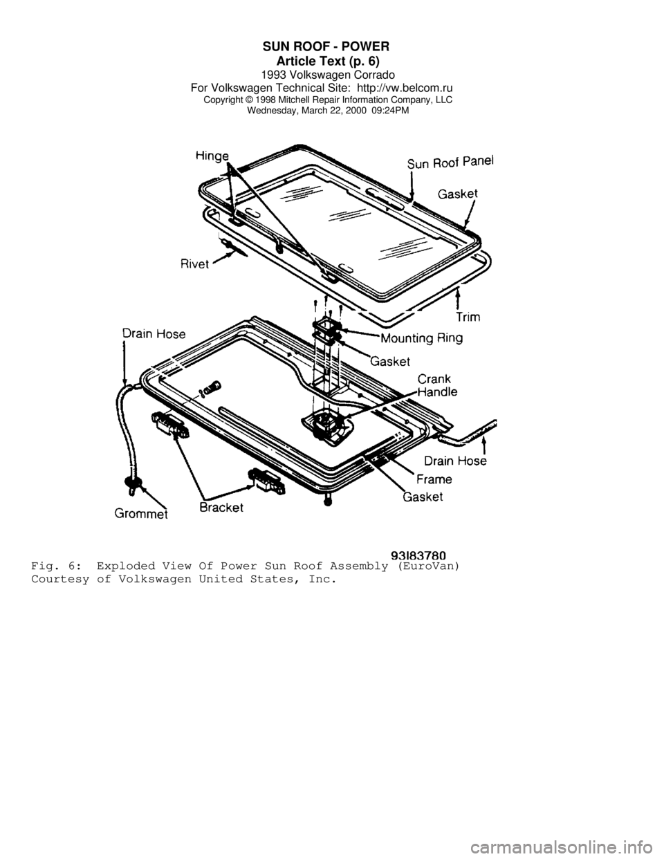 VOLKSWAGEN CORRADO 1993  Repair Manual SUN ROOF - POWER 
Article Text (p. 6)
1993 Volkswagen Corrado
For Volkswagen Technical Site:  http://vw.belcom.ru    
Copyright © 1998 Mitchell Repair Information Company, LLC
Wednesday, March 22, 20