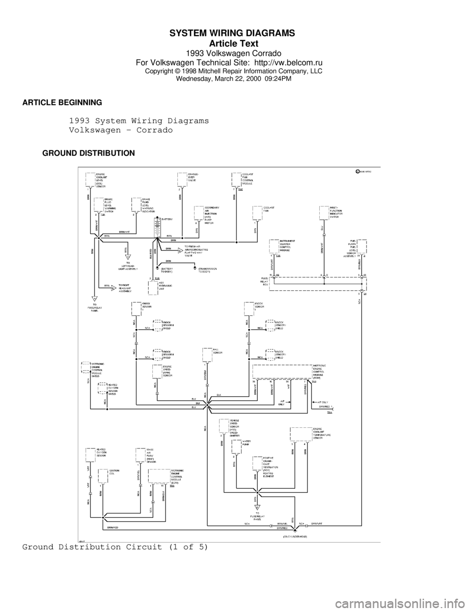 VOLKSWAGEN CORRADO 1993 Repair Manual SYSTEM WIRING DIAGRAMS
Article Text
1993 Volkswagen Corrado
For Volkswagen Technical Site: http://vw.belcom.ru
Copyright © 1998 Mitchell Repair Information Company, LLC
Wednesday, March 22, 200 VOLKSWAGEN CORRADO 1993 Repair Manual SYSTEM WIRING DIAGRAMS
Article Text
1993 Volkswagen Corrado
For Volkswagen Technical Site: http://vw.belcom.ru
Copyright © 1998 Mitchell Repair Information Company, LLC
Wednesday, March 22, 200