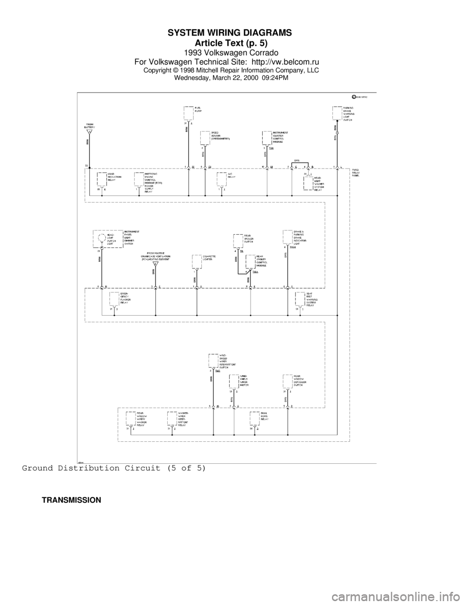 VOLKSWAGEN CORRADO 1993 Repair Manual SYSTEM WIRING DIAGRAMS
Article Text (p. 5)
1993 Volkswagen Corrado
For Volkswagen Technical Site: http://vw.belcom.ru
Copyright © 1998 Mitchell Repair Information Company, LLC
Wednesday, March VOLKSWAGEN CORRADO 1993 Repair Manual SYSTEM WIRING DIAGRAMS
Article Text (p. 5)
1993 Volkswagen Corrado
For Volkswagen Technical Site: http://vw.belcom.ru
Copyright © 1998 Mitchell Repair Information Company, LLC
Wednesday, March