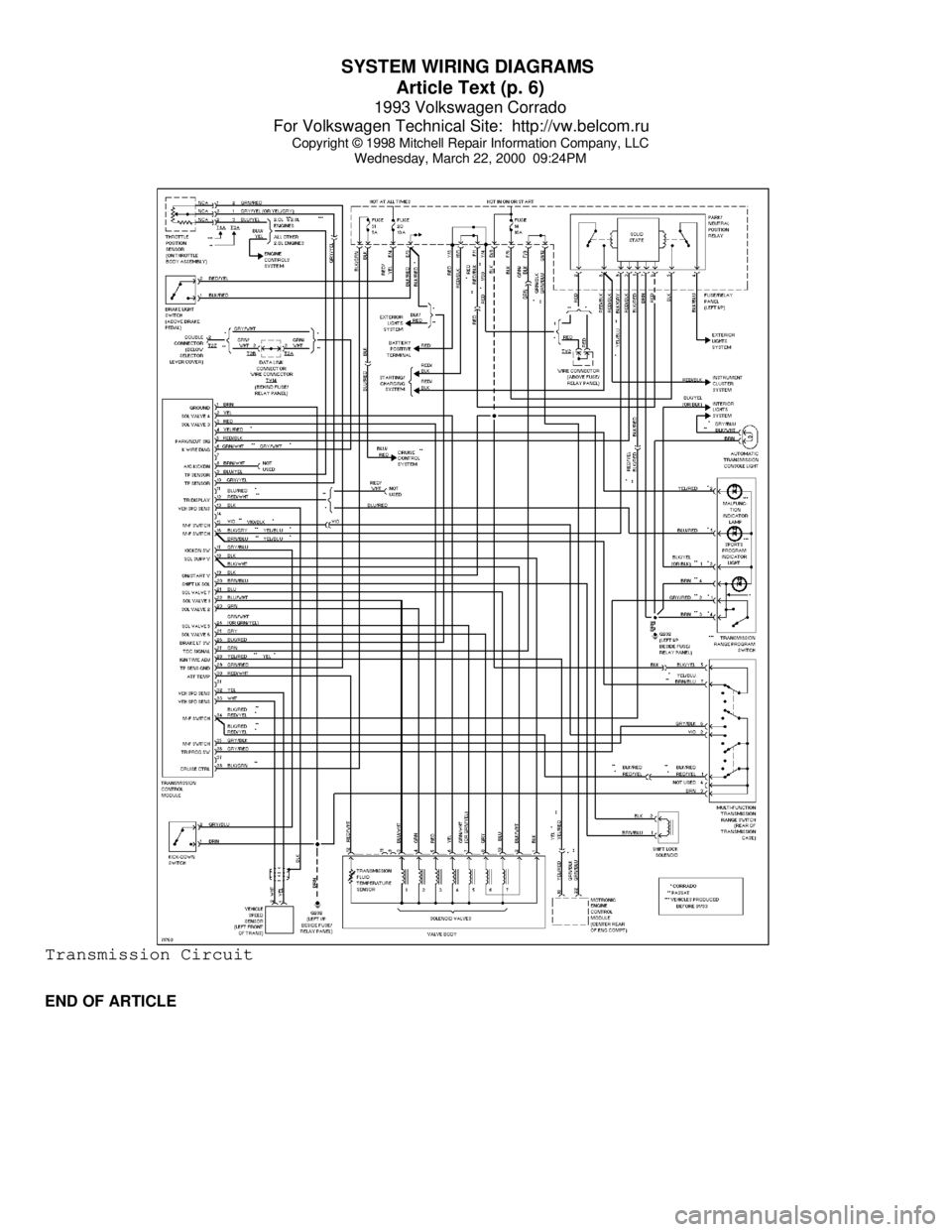 VOLKSWAGEN CORRADO 1993 Repair Manual SYSTEM WIRING DIAGRAMS
Article Text (p. 6)
1993 Volkswagen Corrado
For Volkswagen Technical Site: http://vw.belcom.ru
Copyright © 1998 Mitchell Repair Information Company, LLC
Wednesday, March VOLKSWAGEN CORRADO 1993 Repair Manual SYSTEM WIRING DIAGRAMS
Article Text (p. 6)
1993 Volkswagen Corrado
For Volkswagen Technical Site: http://vw.belcom.ru
Copyright © 1998 Mitchell Repair Information Company, LLC
Wednesday, March