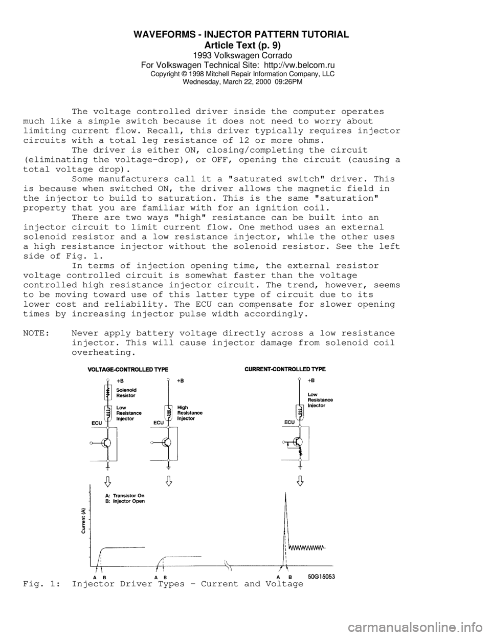VOLKSWAGEN CORRADO 1993  Repair Manual WAVEFORMS - INJECTOR PATTERN TUTORIAL 
Article Text (p. 9)
1993 Volkswagen Corrado
For Volkswagen Technical Site:  http://vw.belcom.ru    
Copyright © 1998 Mitchell Repair Information Company, LLC
We