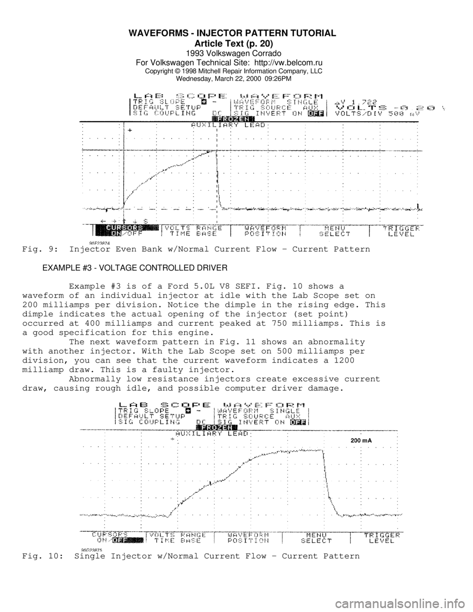 VOLKSWAGEN CORRADO 1993  Repair Manual WAVEFORMS - INJECTOR PATTERN TUTORIAL 
Article Text (p. 20)
1993 Volkswagen Corrado
For Volkswagen Technical Site:  http://vw.belcom.ru    
Copyright © 1998 Mitchell Repair Information Company, LLC
W