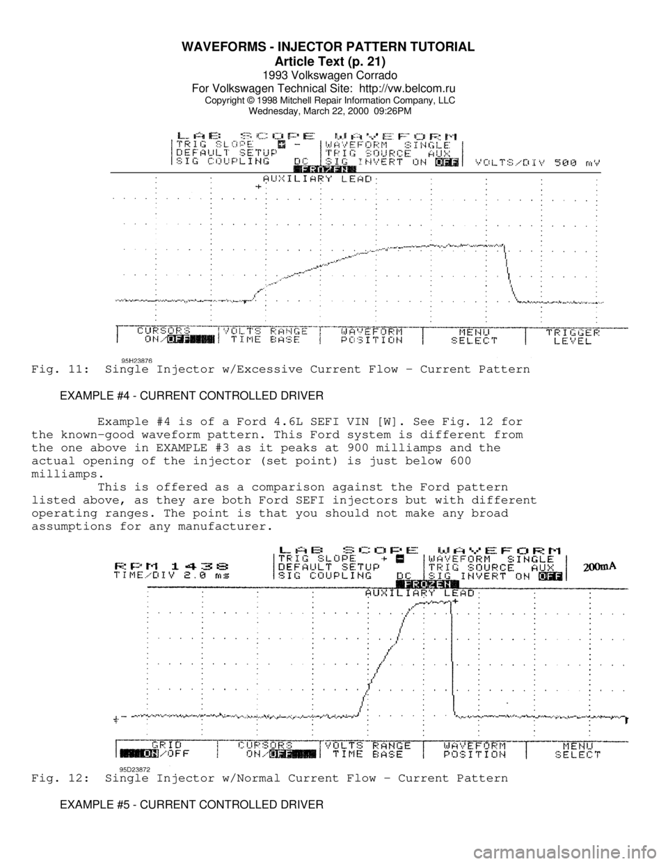 VOLKSWAGEN CORRADO 1993  Repair Manual WAVEFORMS - INJECTOR PATTERN TUTORIAL 
Article Text (p. 21)
1993 Volkswagen Corrado
For Volkswagen Technical Site:  http://vw.belcom.ru    
Copyright © 1998 Mitchell Repair Information Company, LLC
W