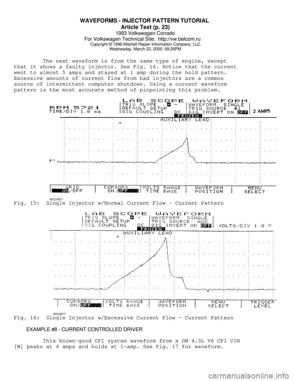 VOLKSWAGEN CORRADO 1993  Repair Manual WAVEFORMS - INJECTOR PATTERN TUTORIAL 
Article Text (p. 23)
1993 Volkswagen Corrado
For Volkswagen Technical Site:  http://vw.belcom.ru    
Copyright © 1998 Mitchell Repair Information Company, LLC
W