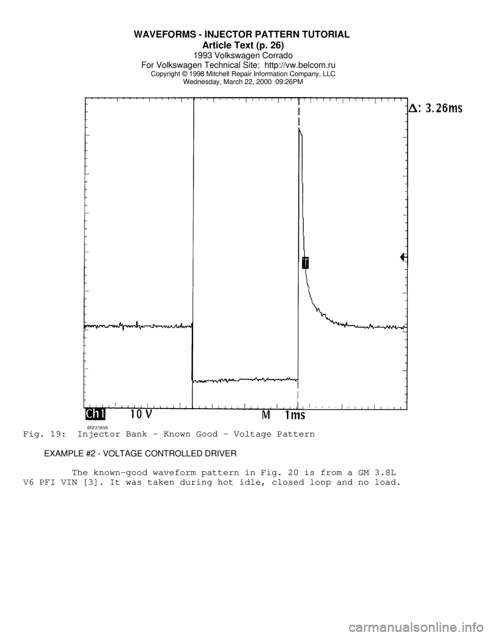 VOLKSWAGEN CORRADO 1993  Repair Manual WAVEFORMS - INJECTOR PATTERN TUTORIAL 
Article Text (p. 26)
1993 Volkswagen Corrado
For Volkswagen Technical Site:  http://vw.belcom.ru    
Copyright © 1998 Mitchell Repair Information Company, LLC
W
