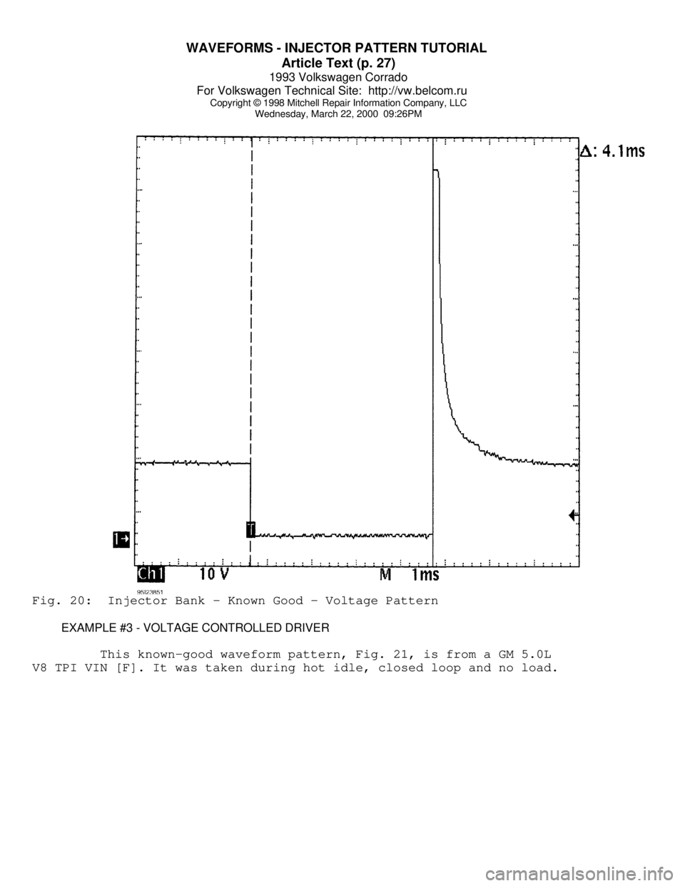 VOLKSWAGEN CORRADO 1993  Repair Manual WAVEFORMS - INJECTOR PATTERN TUTORIAL 
Article Text (p. 27)
1993 Volkswagen Corrado
For Volkswagen Technical Site:  http://vw.belcom.ru    
Copyright © 1998 Mitchell Repair Information Company, LLC
W