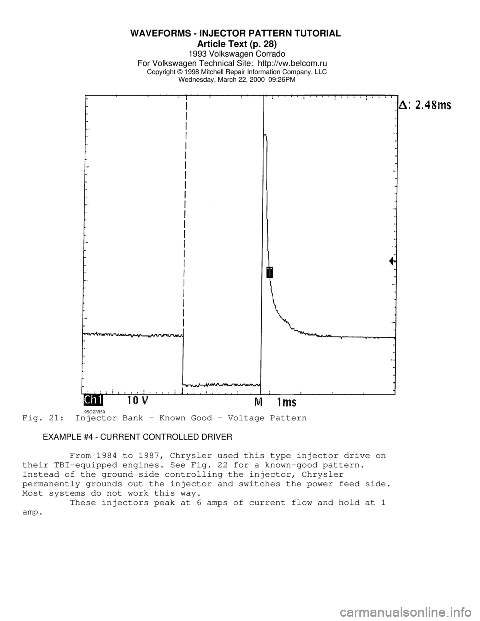 VOLKSWAGEN CORRADO 1993  Repair Manual WAVEFORMS - INJECTOR PATTERN TUTORIAL 
Article Text (p. 28)
1993 Volkswagen Corrado
For Volkswagen Technical Site:  http://vw.belcom.ru    
Copyright © 1998 Mitchell Repair Information Company, LLC
W