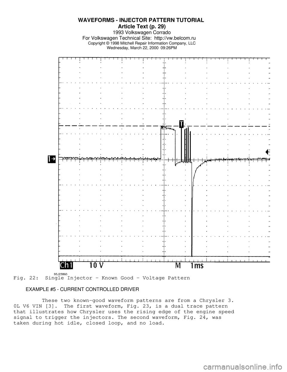 VOLKSWAGEN CORRADO 1993  Repair Manual WAVEFORMS - INJECTOR PATTERN TUTORIAL 
Article Text (p. 29)
1993 Volkswagen Corrado
For Volkswagen Technical Site:  http://vw.belcom.ru    
Copyright © 1998 Mitchell Repair Information Company, LLC
W