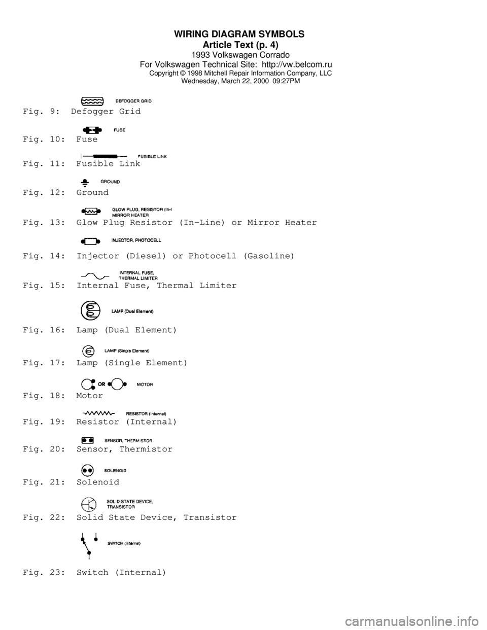 VOLKSWAGEN CORRADO 1993  Repair Manual WIRING DIAGRAM SYMBOLS 
Article Text (p. 4)
1993 Volkswagen Corrado
For Volkswagen Technical Site:  http://vw.belcom.ru    
Copyright © 1998 Mitchell Repair Information Company, LLC
Wednesday, March 