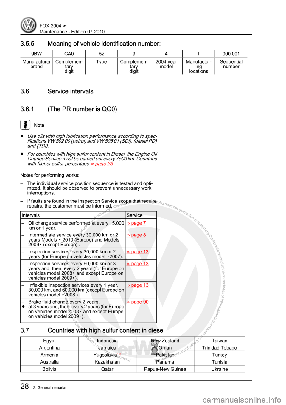 VOLKSWAGEN FOX 2004 Owners Guide Protected by copyright. Copying for private or commercial purposes, in partor in whole, is not permitted unless authorised by Volkswagen AG. Volkswagen AG does notguarantee or accept any liability wit