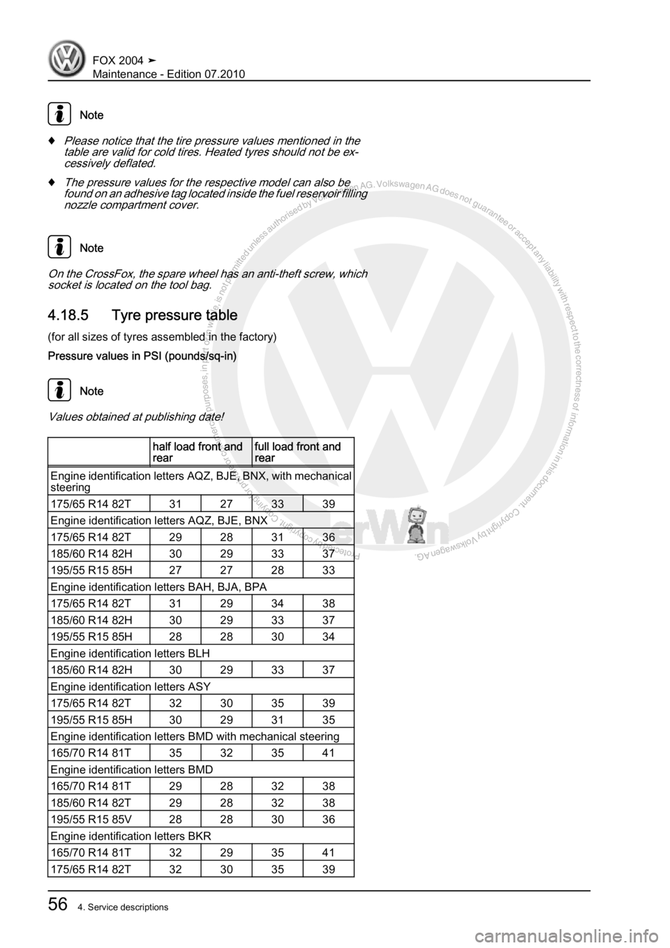 VOLKSWAGEN FOX 2004 Workshop Manual Protected by copyright. Copying for private or commercial purposes, in partor in whole, is not permitted unless authorised by Volkswagen AG. Volkswagen AG does notguarantee or accept any liability wit
