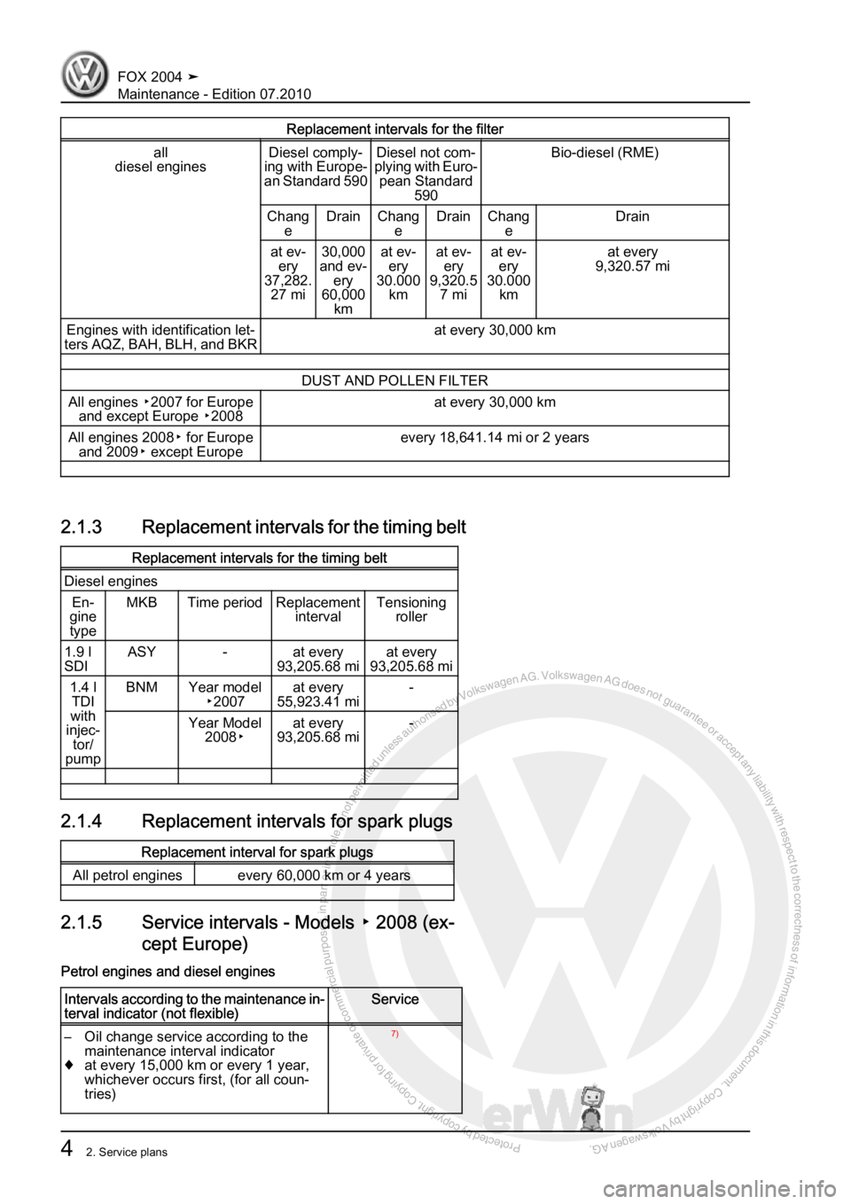 VOLKSWAGEN FOX 2004  Service Manual Protected by copyright. Copying for private or commercial purposes, in partor in whole, is not permitted unless authorised by Volkswagen AG. Volkswagen AG does notguarantee or accept any liability wit