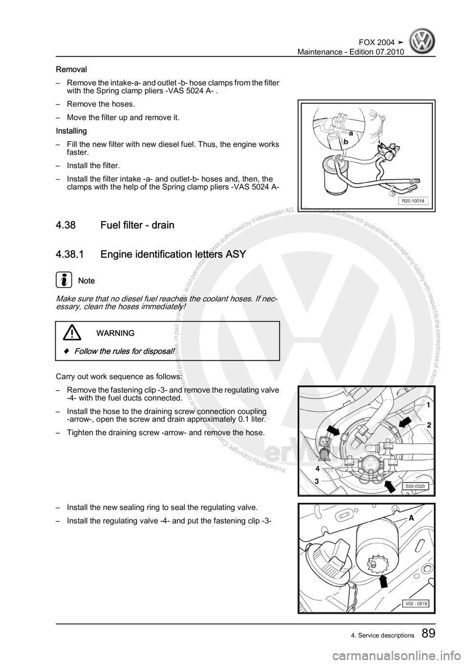 VOLKSWAGEN FOX 2004 Owners Manual Protected by copyright. Copying for private or commercial purposes, in partor in whole, is not permitted unless authorised by Volkswagen AG. Volkswagen AG does notguarantee or accept any liability wit