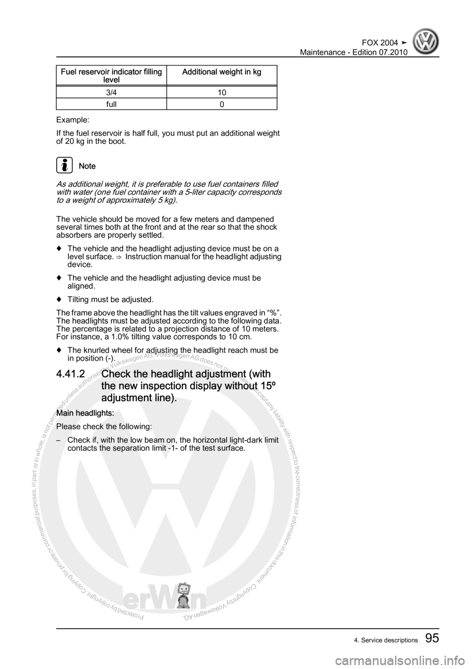 VOLKSWAGEN FOX 2004 Owners Manual Protected by copyright. Copying for private or commercial purposes, in partor in whole, is not permitted unless authorised by Volkswagen AG. Volkswagen AG does notguarantee or accept any liability wit