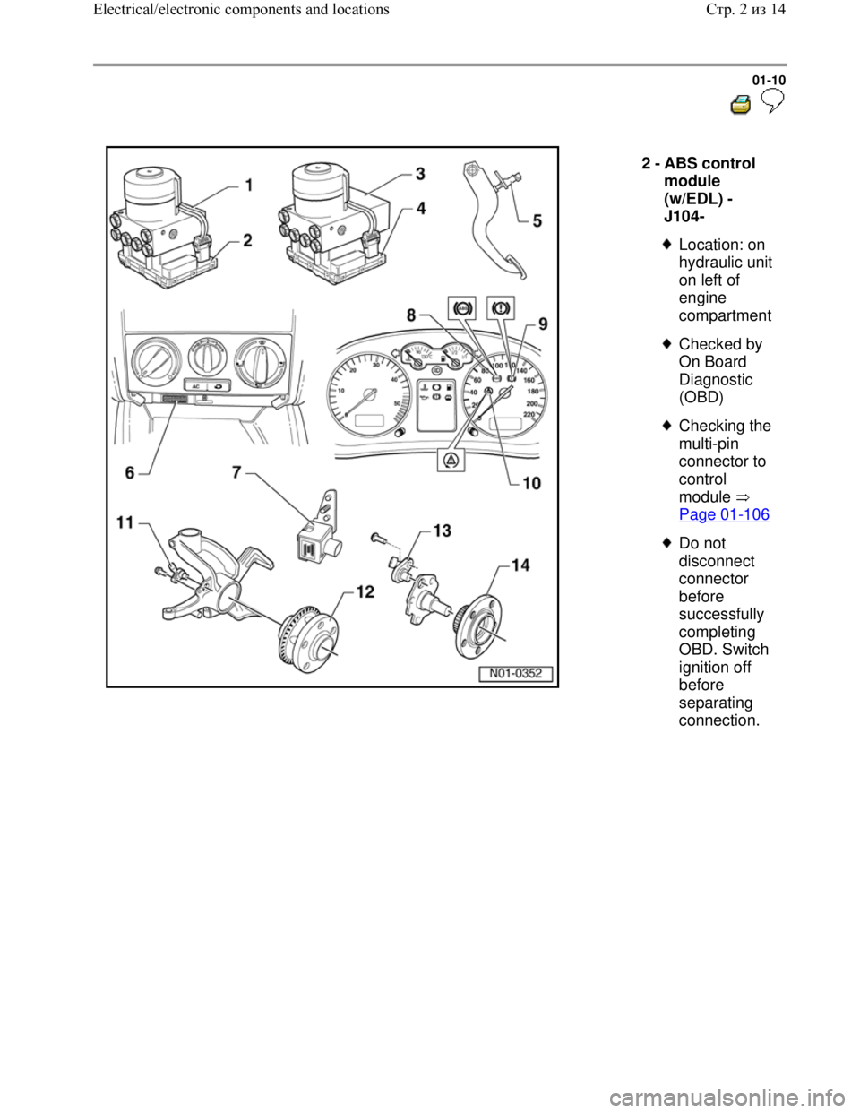 VOLKSWAGEN JETTA 1998 User Guide Downloaded from www.Manualslib.com manuals search engine 01-10
  
 
  
2 - 
ABS control 
module 
(w/EDL) -
J104- 
 
Location: on 
hydraulic unit 
on left of 
engine 
compartment
 
Checked by 
On Board