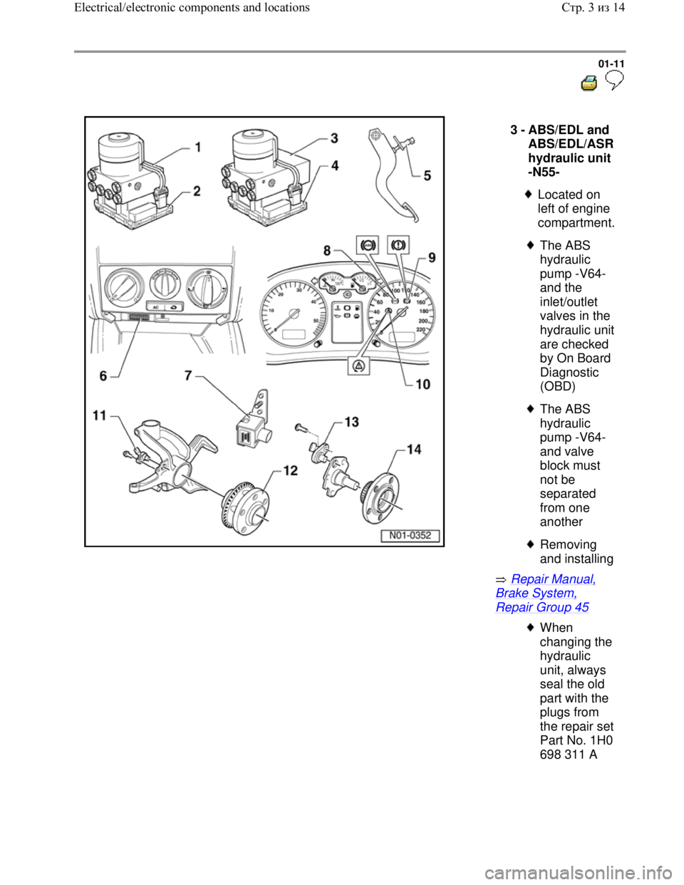 VOLKSWAGEN JETTA 1998  Service Manual Downloaded from www.Manualslib.com manuals search engine 01-11
  
 
  
 Repair Manual, 
Brake System, 
Repair Group 45  3 - 
ABS/EDL and 
ABS/EDL/ASR 
hydraulic unit 
-N55- 
 
Located on 
left of engi