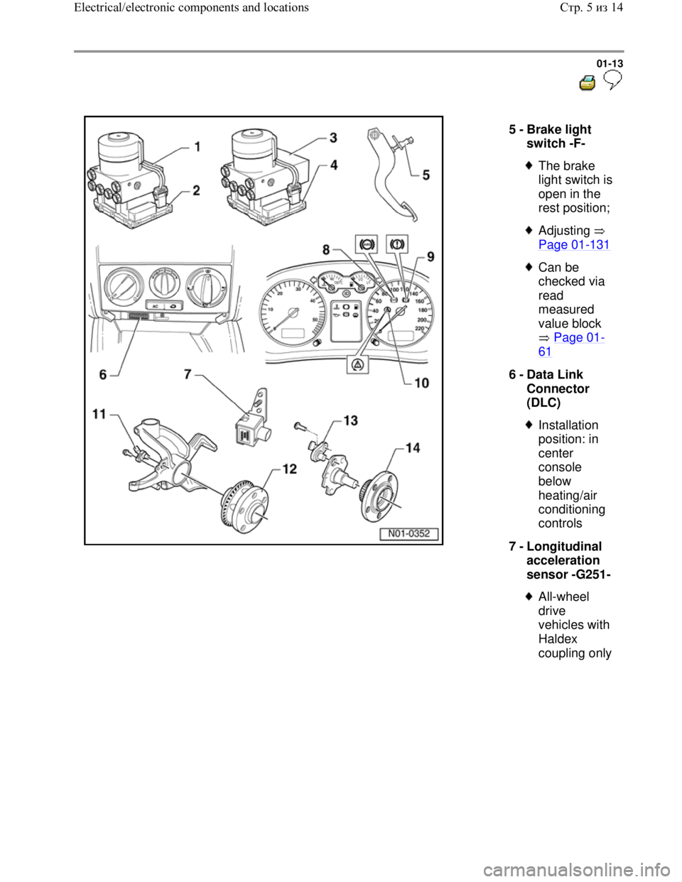 VOLKSWAGEN JETTA 1998  Service Manual Downloaded from www.Manualslib.com manuals search engine 01-13
  
 
  
5 - 
Brake light 
switch -F- 
 
The brake 
light switch is 
open in the 
rest position; 
 
Adjusting  
Page 01
-131
 Can be 
chec