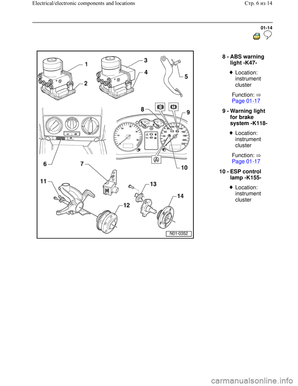 VOLKSWAGEN JETTA 1998 Service Manual Downloaded from www.Manualslib.com manuals search engine 01-14
8 -
ABS warning
light -K47-
Location:
instrument
cluster
Function:
Page 01
-17
9 -
Warning light
for brake
syste VOLKSWAGEN JETTA 1998 Service Manual Downloaded from www.Manualslib.com manuals search engine 01-14
8 -
ABS warning
light -K47-
Location:
instrument
cluster
Function:
Page 01
-17
9 -
Warning light
for brake
syste