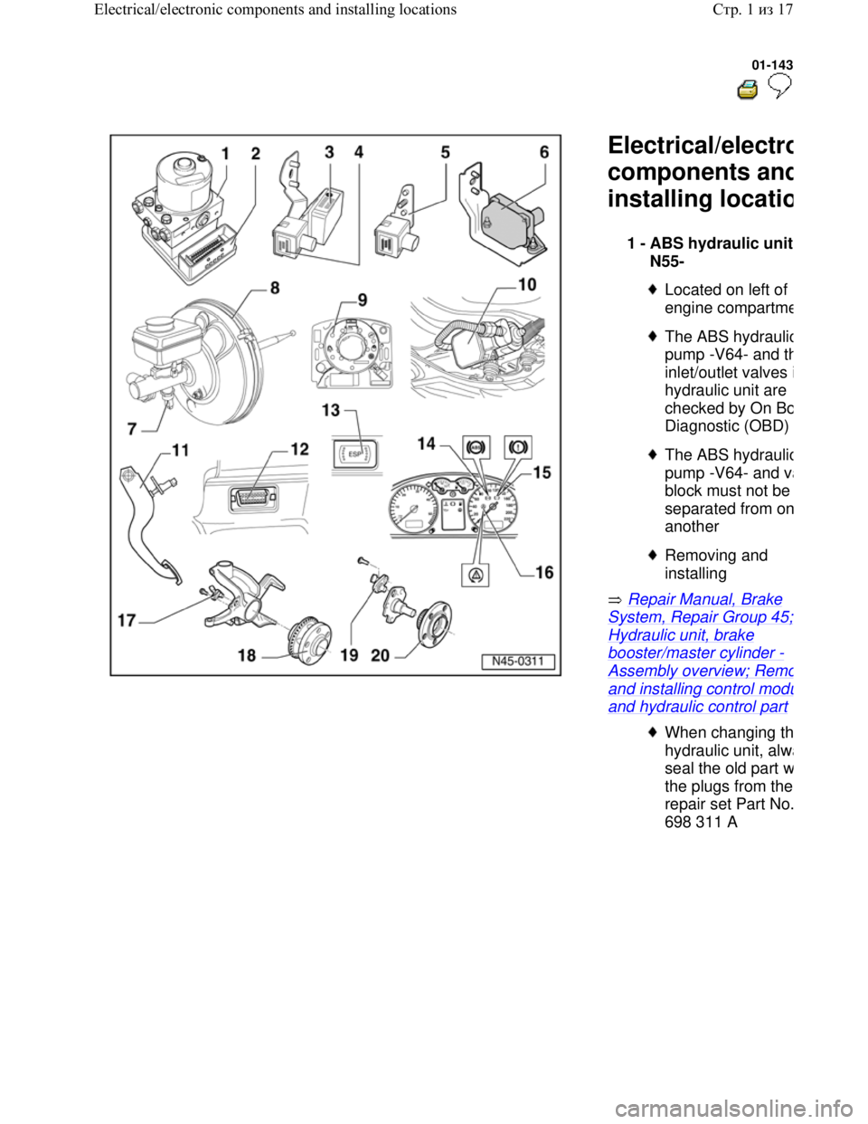 VOLKSWAGEN JETTA 1998  Service Manual Downloaded from www.Manualslib.com manuals search engine 01-143
  
 
  Electrical/electro
components and
installing locatio
 Repair Manual, Brake 
System, Repair Group 45; 
Hydraulic unit, brake 
boos