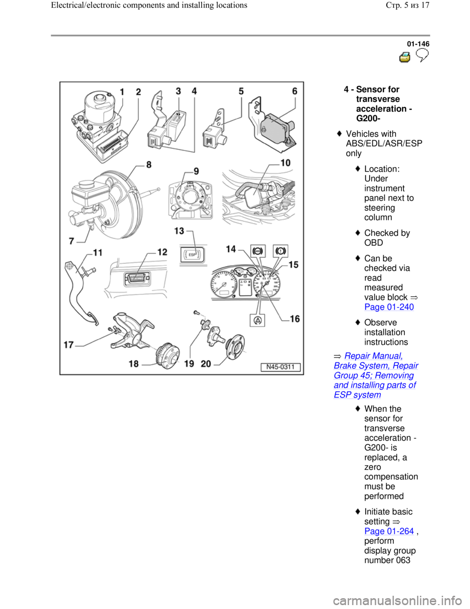 VOLKSWAGEN JETTA 1998 Workshop Manual Downloaded from www.Manualslib.com manuals search engine 01-146
Repair Manual,
Brake System, Repair
Group 45; Removing
and installing parts of
ESP system 4 -
Sensor for
transverse
acc VOLKSWAGEN JETTA 1998 Workshop Manual Downloaded from www.Manualslib.com manuals search engine 01-146
Repair Manual,
Brake System, Repair
Group 45; Removing
and installing parts of
ESP system 4 -
Sensor for
transverse
acc