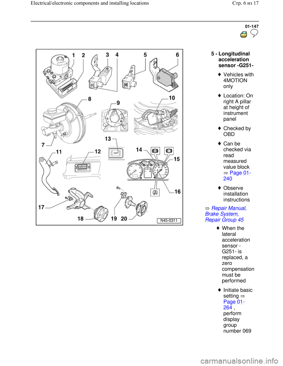 VOLKSWAGEN JETTA 1998 Workshop Manual Downloaded from www.Manualslib.com manuals search engine 01-147
Repair Manual,
Brake System,
Repair Group 45 5 -
Longitudinal
acceleration
sensor -G251-
Vehicles with
4MOTION
only
VOLKSWAGEN JETTA 1998 Workshop Manual Downloaded from www.Manualslib.com manuals search engine 01-147
Repair Manual,
Brake System,
Repair Group 45 5 -
Longitudinal
acceleration
sensor -G251-
Vehicles with
4MOTION
only