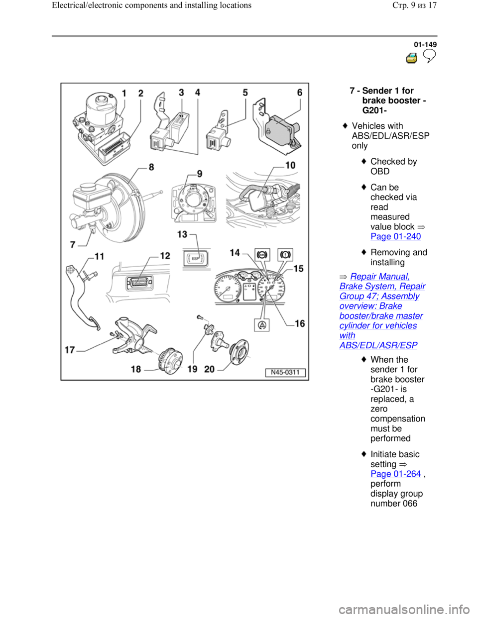 VOLKSWAGEN JETTA 1998  Service Manual Downloaded from www.Manualslib.com manuals search engine 01-149
  
 
  
 Repair Manual, 
Brake System, Repair 
Group 47; Assembly 
overview: Brake 
booster/brake master 
cylinder for vehicles 
with 
A