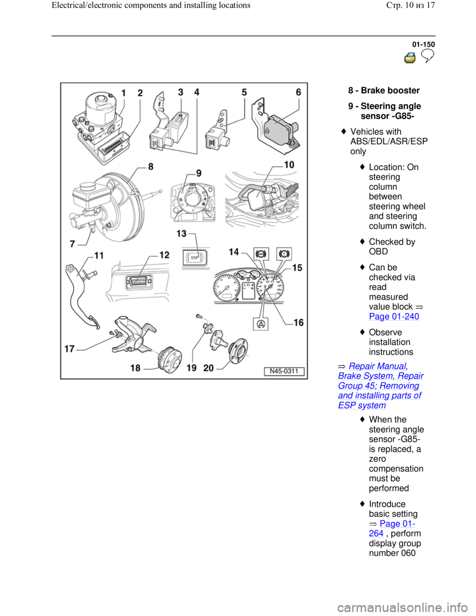 VOLKSWAGEN JETTA 1998  Service Manual Downloaded from www.Manualslib.com manuals search engine 01-150
  
 
  
 Repair Manual, 
Brake System, Repair 
Group 45; Removing 
and installing parts of 
ESP system  8 - 
Brake booster 
9 - 
Steerin