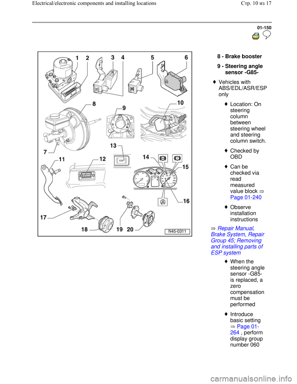 VOLKSWAGEN JETTA 1998 Workshop Manual Downloaded from www.Manualslib.com manuals search engine 01-150
Repair Manual,
Brake System, Repair
Group 45; Removing
and installing parts of
ESP system 8 -
Brake booster
9 -
Steerin VOLKSWAGEN JETTA 1998 Workshop Manual Downloaded from www.Manualslib.com manuals search engine 01-150
Repair Manual,
Brake System, Repair
Group 45; Removing
and installing parts of
ESP system 8 -
Brake booster
9 -
Steerin