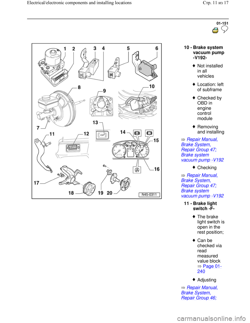 VOLKSWAGEN JETTA 1998  Service Manual Downloaded from www.Manualslib.com manuals search engine 01-151
  
 
  
 Repair Manual, 
Brake System, 
Repair Group 47; 
Brake system 
vacuum pump -V192 
 Repair Manual, 
Brake System, 
Repair Group 