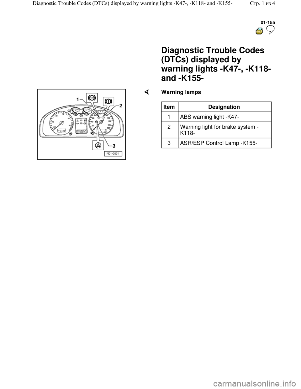 VOLKSWAGEN JETTA 1998 Service Manual Downloaded from www.Manualslib.com manuals search engine 01-155
Diagnostic Trouble Codes
(DTCs) displayed by
warning lights -K47-, -K118-
and -K155-
Warning lamps
Item
Designatio VOLKSWAGEN JETTA 1998 Service Manual Downloaded from www.Manualslib.com manuals search engine 01-155
Diagnostic Trouble Codes
(DTCs) displayed by
warning lights -K47-, -K118-
and -K155-
Warning lamps
Item
Designatio