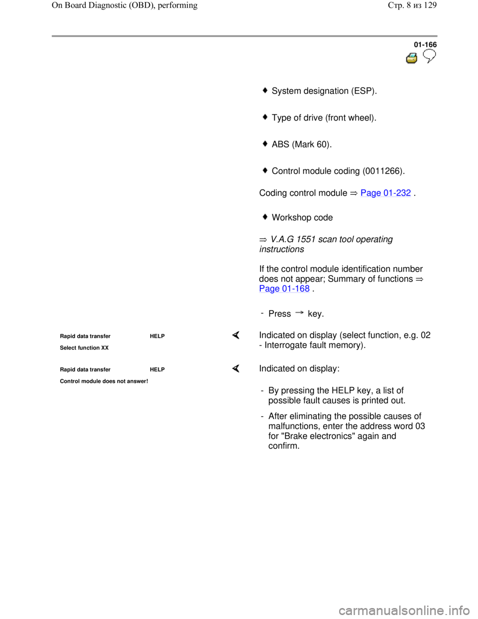VOLKSWAGEN JETTA 1998 Service Manual Downloaded from www.Manualslib.com manuals search engine 01-166
System designation (ESP).
Type of drive (front wheel).
ABS (Mark 60).
Control module coding (0011266).
VOLKSWAGEN JETTA 1998 Service Manual Downloaded from www.Manualslib.com manuals search engine 01-166
System designation (ESP).
Type of drive (front wheel).
ABS (Mark 60).
Control module coding (0011266).