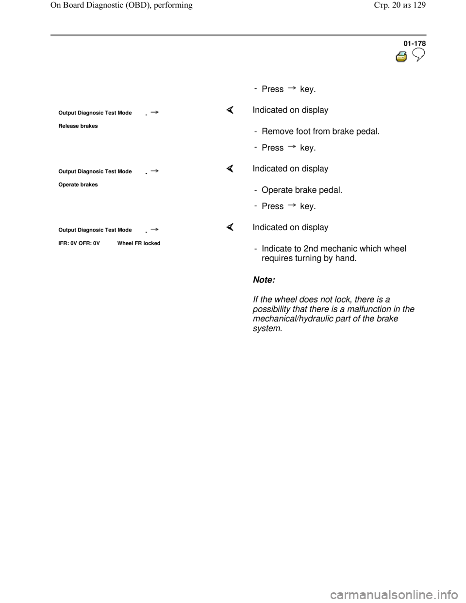 VOLKSWAGEN JETTA 1998  Service Manual Downloaded from www.Manualslib.com manuals search engine 01-178
  
 
     
- 
Press  key.
Output Diagnosic Test Mode 
-
Release brakes
    Indicated on display  
-  Remove foot from brake pedal.
- 
Pr