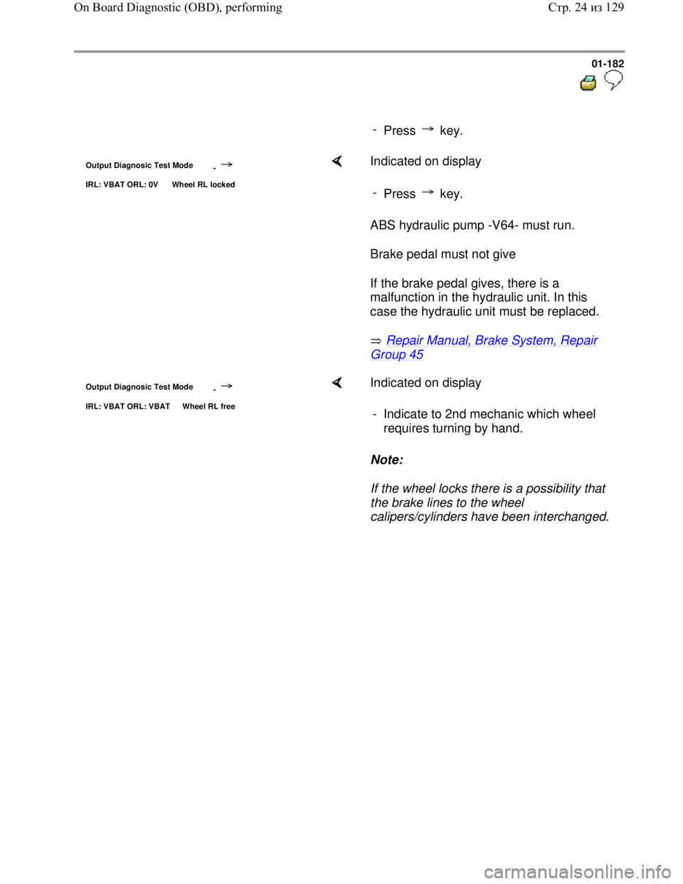 VOLKSWAGEN JETTA 1998 Service Manual Downloaded from www.Manualslib.com manuals search engine 01-182
-
Press key.
Output Diagnosic Test Mode
-
IRL: VBAT ORL: 0V Wheel RL locked
Indicated on display
ABS hydraulic pump VOLKSWAGEN JETTA 1998 Service Manual Downloaded from www.Manualslib.com manuals search engine 01-182
-
Press key.
Output Diagnosic Test Mode
-
IRL: VBAT ORL: 0V Wheel RL locked
Indicated on display
ABS hydraulic pump