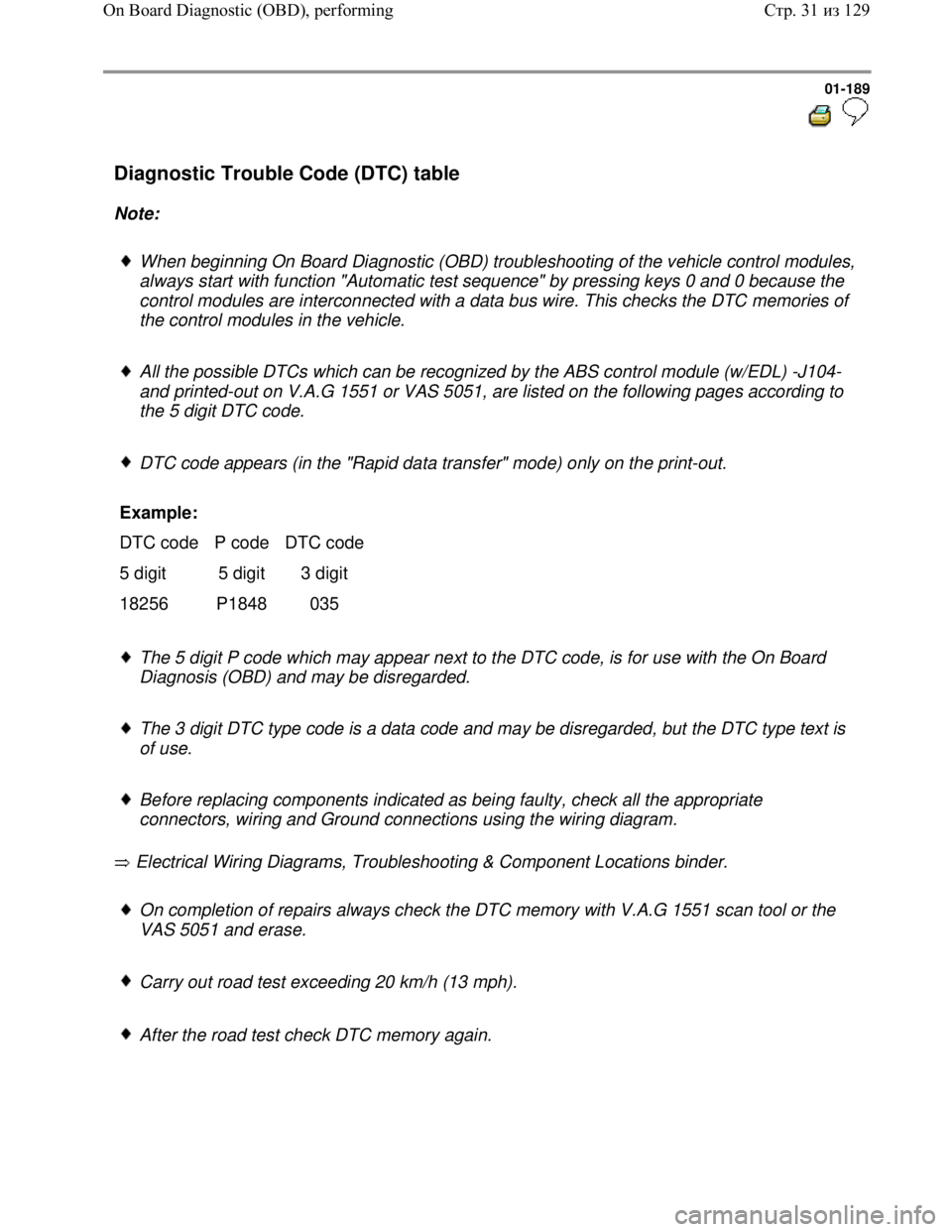 VOLKSWAGEN JETTA 1998 Service Manual Downloaded from www.Manualslib.com manuals search engine 01-189
Diagnostic Trouble Code (DTC) table
Note:
When beginning On Board Diagnostic (OBD) troubleshooting of the vehicle control mod VOLKSWAGEN JETTA 1998 Service Manual Downloaded from www.Manualslib.com manuals search engine 01-189
Diagnostic Trouble Code (DTC) table
Note:
When beginning On Board Diagnostic (OBD) troubleshooting of the vehicle control mod