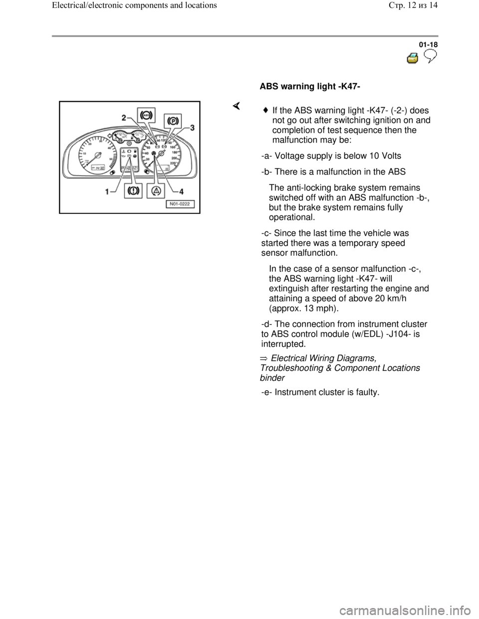 VOLKSWAGEN JETTA 1998  Service Manual Downloaded from www.Manualslib.com manuals search engine 01-18
  
 
     
ABS warning light -K47-  
    
 Electrical Wiring Diagrams, 
Troubleshooting & Component Locations 
binder 
If the ABS warning