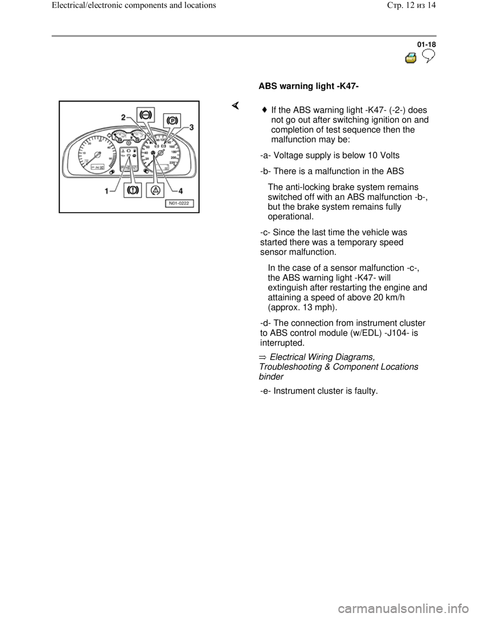 VOLKSWAGEN JETTA 1998 Owners Manual Downloaded from www.Manualslib.com manuals search engine 01-18
ABS warning light -K47-
Electrical Wiring Diagrams,
Troubleshooting & Component Locations
binder
If the ABS warning VOLKSWAGEN JETTA 1998 Owners Manual Downloaded from www.Manualslib.com manuals search engine 01-18
ABS warning light -K47-
Electrical Wiring Diagrams,
Troubleshooting & Component Locations
binder
If the ABS warning
