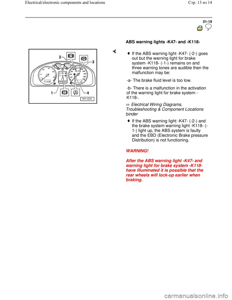 VOLKSWAGEN JETTA 1998  Service Manual Downloaded from www.Manualslib.com manuals search engine 01-19
  
 
     
ABS warning lights -K47- and -K118-  
    
 Electrical Wiring Diagrams, 
Troubleshooting & Component Locations 
binder 
WARNIN