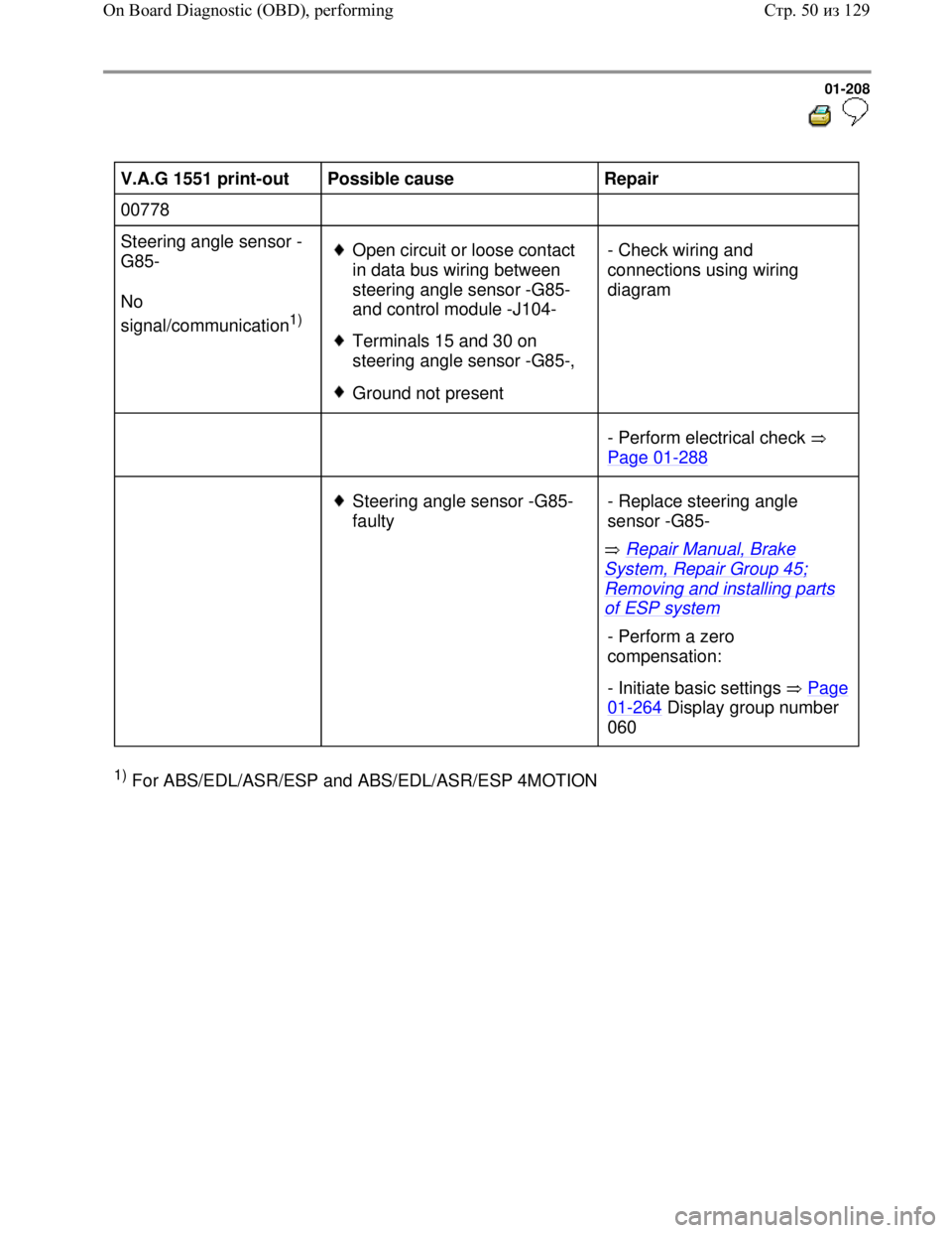 VOLKSWAGEN JETTA 1998  Service Manual Downloaded from www.Manualslib.com manuals search engine 01-208
  
 
V.A.G 1551 print-out  
Possible cause  
Repair  
00778        
Steering angle sensor -
G85-  
No 
signal/communication
1)   
Open c