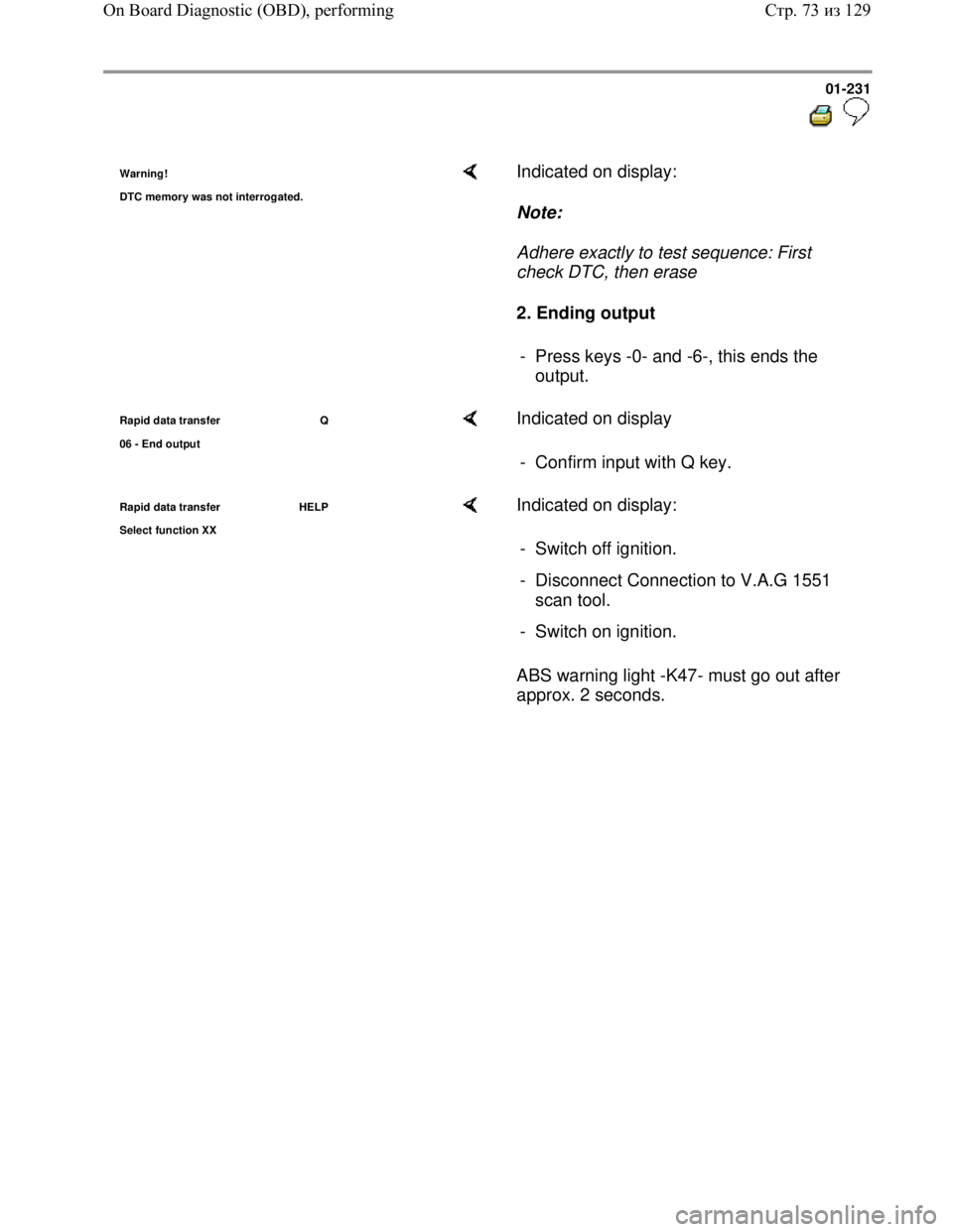 VOLKSWAGEN JETTA 1998 Owners Guide Downloaded from www.Manualslib.com manuals search engine 01-231
Warning!
DTC memor
y was not interrogated.
Indicated on display:
Note:
Adhere exactly to test sequence: First
check DTC, t VOLKSWAGEN JETTA 1998 Owners Guide Downloaded from www.Manualslib.com manuals search engine 01-231
Warning!
DTC memor
y was not interrogated.
Indicated on display:
Note:
Adhere exactly to test sequence: First
check DTC, t
