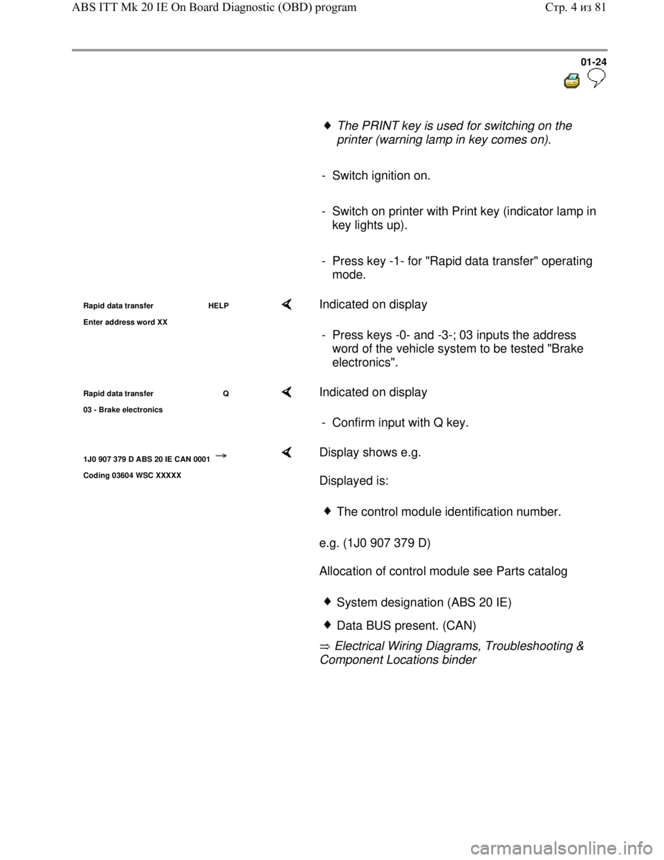 VOLKSWAGEN JETTA 1998  Service Manual Downloaded from www.Manualslib.com manuals search engine 01-24
  
 
     The PRINT key is used for switching on the 
printer (warning lamp in key comes on). 
     
- Switch ignition on.
     
-  Switc