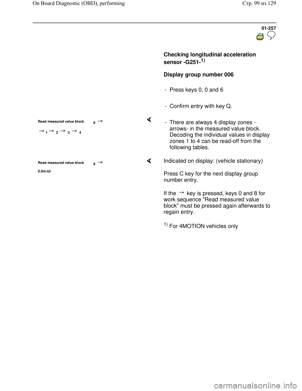 VOLKSWAGEN JETTA 1998 Manual Online Downloaded from www.Manualslib.com manuals search engine 01-257
Checking longitudinal acceleration
sensor -G251-
1)
Display group number 006
- Press keys 0, 0 and 6
VOLKSWAGEN JETTA 1998 Manual Online Downloaded from www.Manualslib.com manuals search engine 01-257
Checking longitudinal acceleration
sensor -G251-
1)
Display group number 006
- Press keys 0, 0 and 6