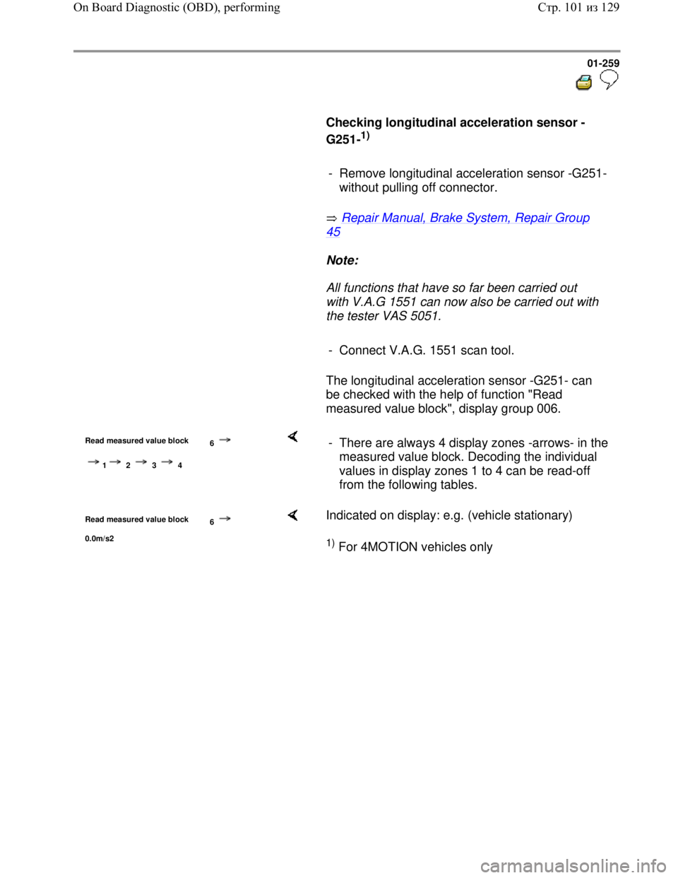 VOLKSWAGEN JETTA 1998 Owners Manual Downloaded from www.Manualslib.com manuals search engine 01-259
Checking longitudinal acceleration sensor -
G251-
1)
- Remove longitudinal acceleration sensor -G251-
without pulli VOLKSWAGEN JETTA 1998 Owners Manual Downloaded from www.Manualslib.com manuals search engine 01-259
Checking longitudinal acceleration sensor -
G251-
1)
- Remove longitudinal acceleration sensor -G251-
without pulli