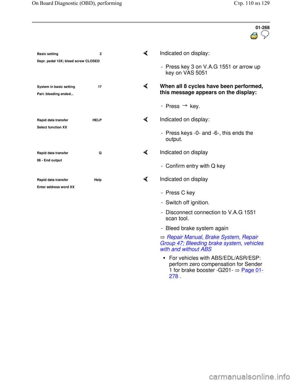 VOLKSWAGEN JETTA 1998 Service Manual Downloaded from www.Manualslib.com manuals search engine 01-268
Basic setting 2
De
pr. pedal 10X; bleed screw CLOSED
Indicated on display:
- Press key 3 on V.A.G 1551 or arrow up
key on V VOLKSWAGEN JETTA 1998 Service Manual Downloaded from www.Manualslib.com manuals search engine 01-268
Basic setting 2
De
pr. pedal 10X; bleed screw CLOSED
Indicated on display:
- Press key 3 on V.A.G 1551 or arrow up
key on V