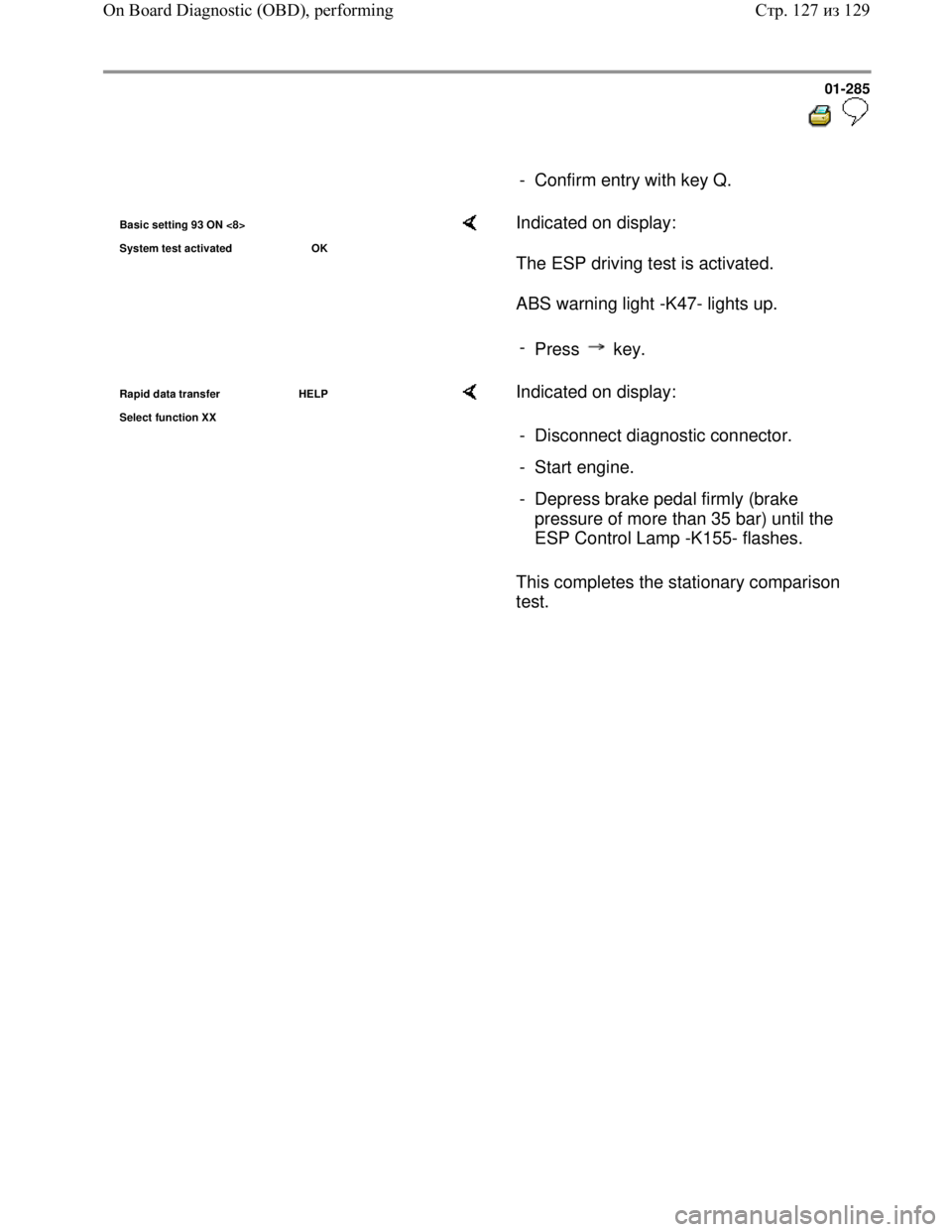 VOLKSWAGEN JETTA 1998 Service Manual Downloaded from www.Manualslib.com manuals search engine 01-285
- Confirm entry with key Q.
Basic setting 93 ON <8>
S
ystem test activated OK
Indicated on display:
The ESP driving VOLKSWAGEN JETTA 1998 Service Manual Downloaded from www.Manualslib.com manuals search engine 01-285
- Confirm entry with key Q.
Basic setting 93 ON <8>
S
ystem test activated OK
Indicated on display:
The ESP driving